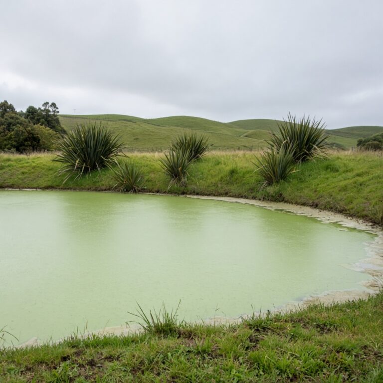A New Zealand pond in spring, the water a light green haze, flax along the bank