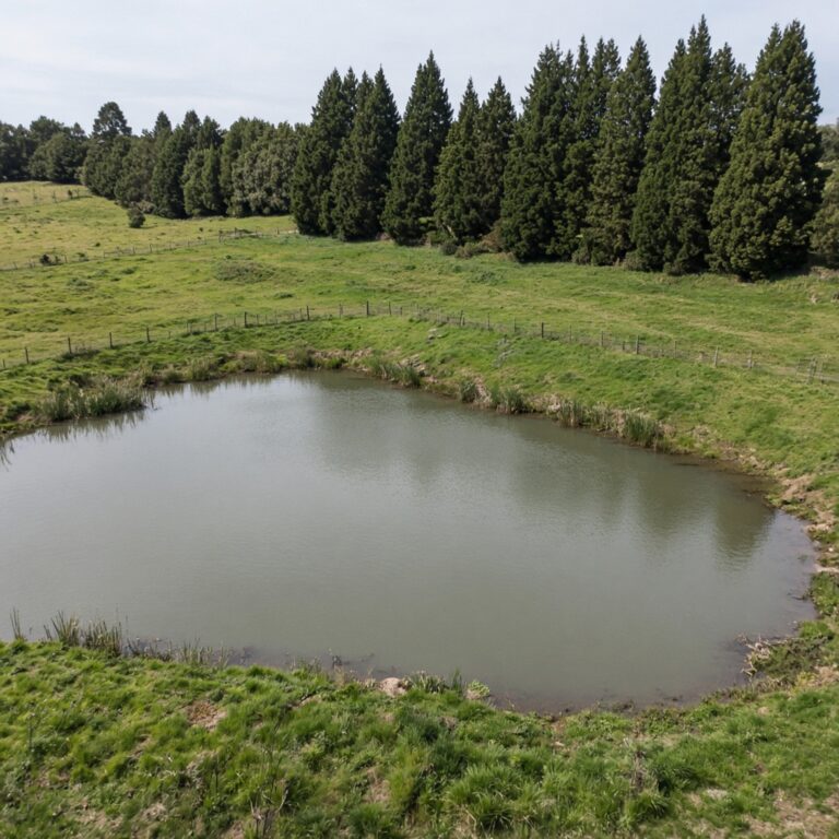 A New Zealand farm dam seen from the bank, green hills beyond the water.