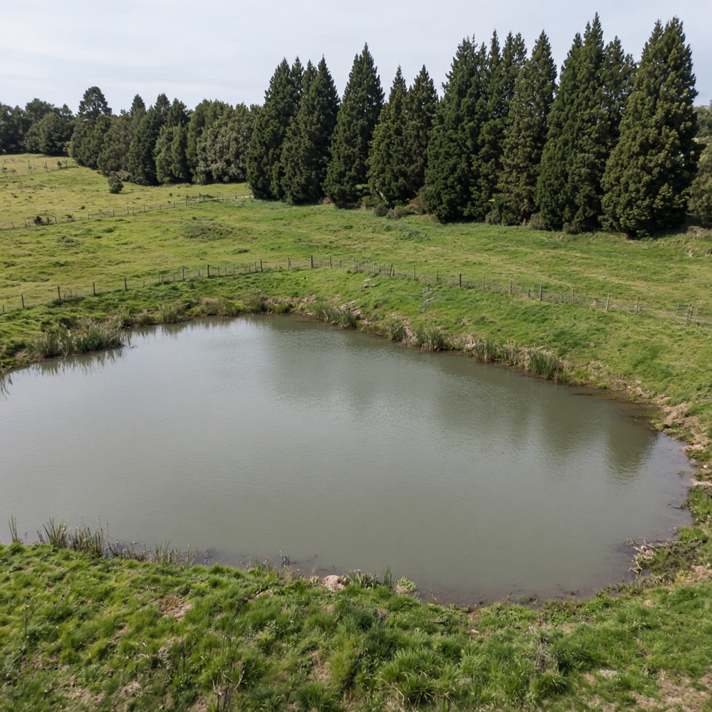 A New Zealand farm dam seen from the bank, green hills beyond the water.